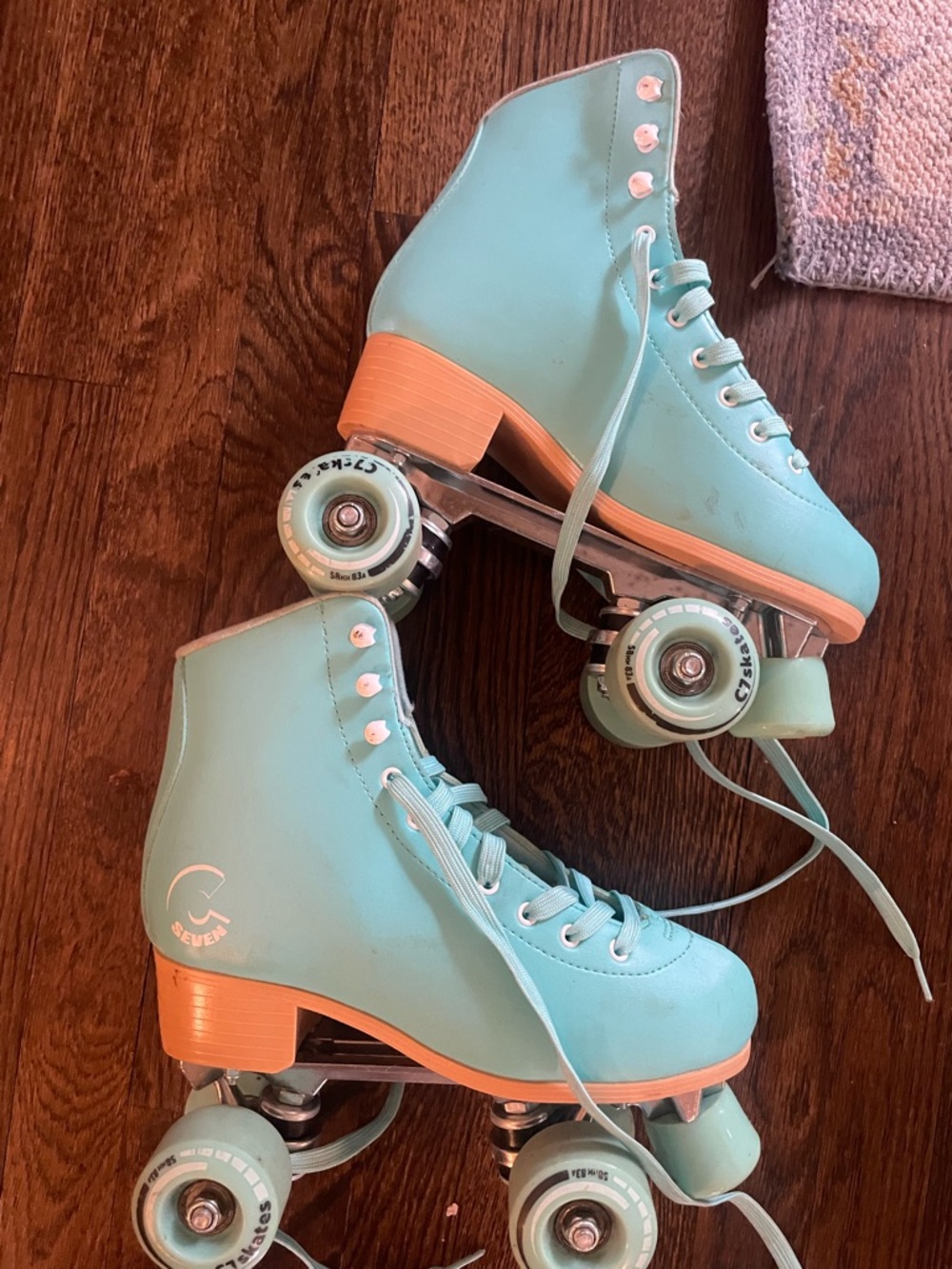 Seafoam Blue Retro Roller Skates with Tan Heel